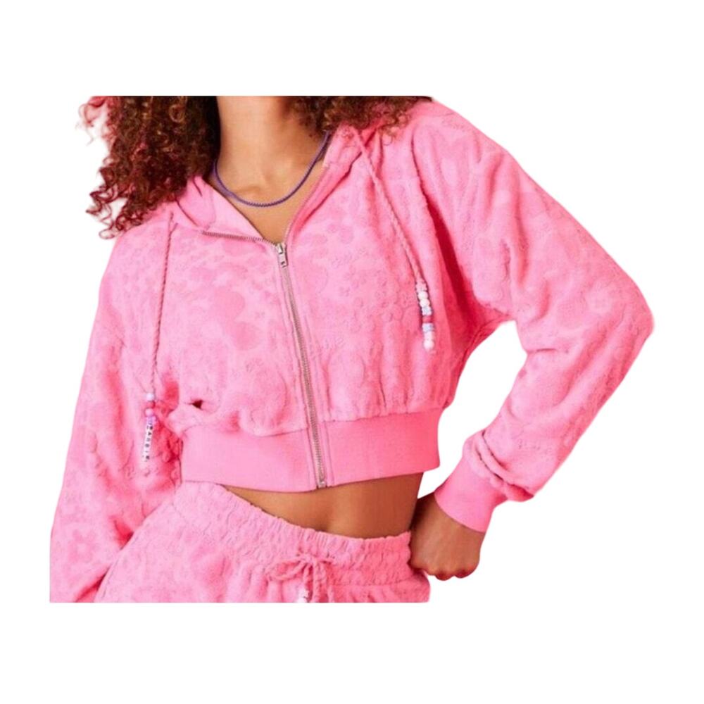 Forever 21 X Barbie Collection Jacquard Crop Drop Shoulder Zip up Hoodie Size L